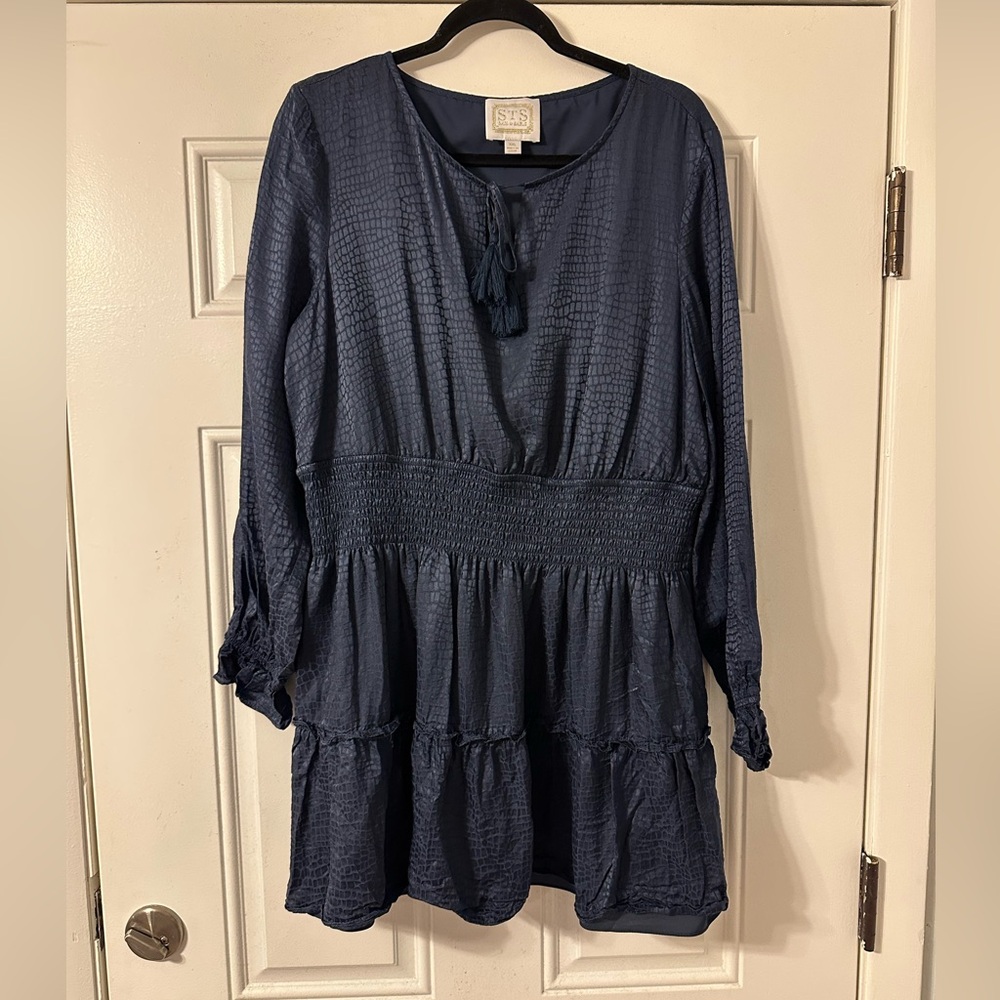 STS SAIL TO SABLE SIZE XXL NAVY BLUE MINI LING SLEEVE DRESS‎ BOHO SILK BLEND